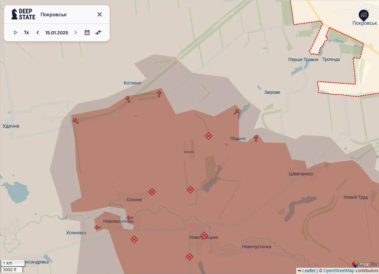 Лінія фронту на південному заході від Покровська станом на 15 січня / DeepStateMAP