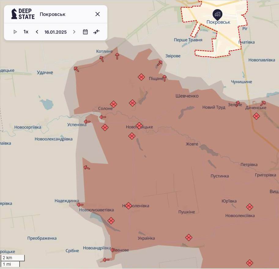 Линия фронта на юго-западе от Покровска на 16 января/DeepStateMAP Линия фронта на юго-западе от Покровска на 16 января/DeepStateMAP
