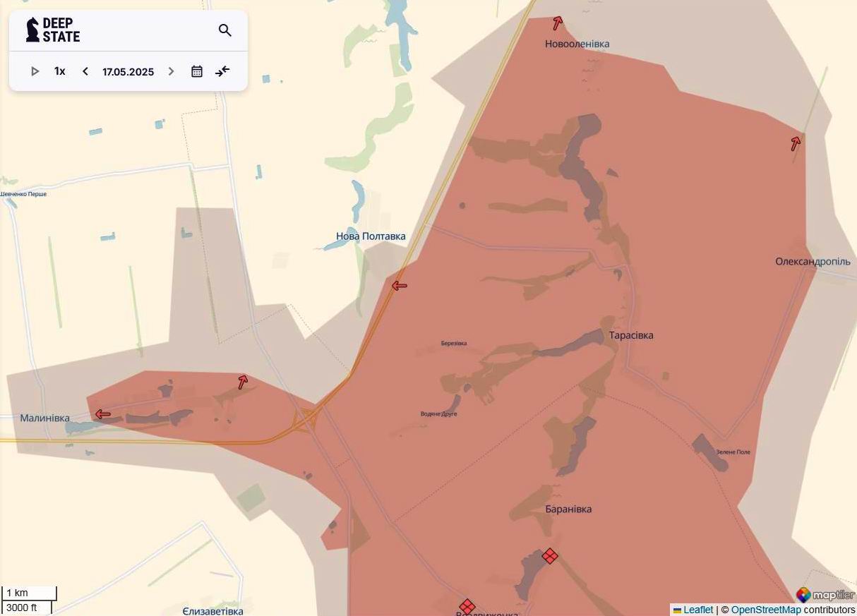 Лінія фронту на покровському напрямку станом на 17 травня/DeepStateMAP