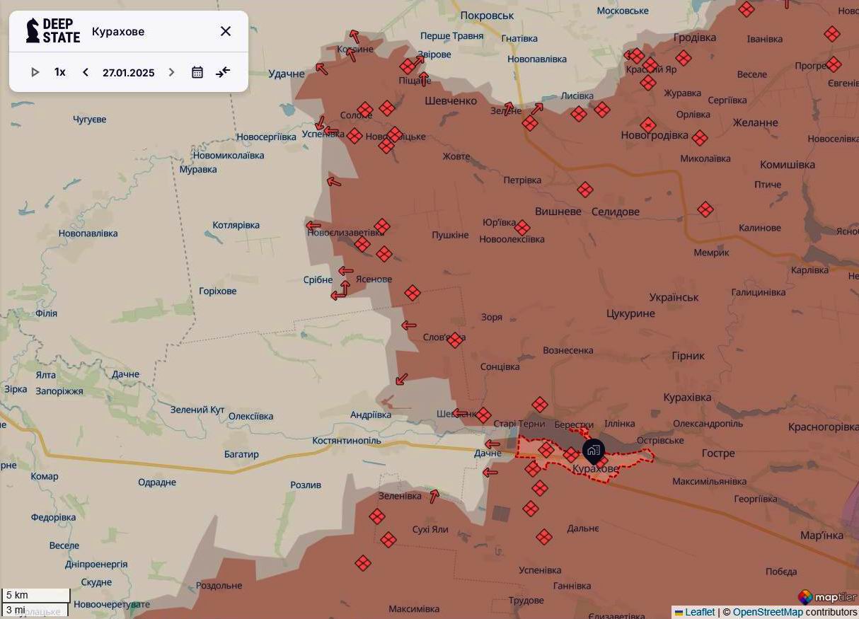 Линия фронта на покровском направлении на 27 января/DeepStateMAP