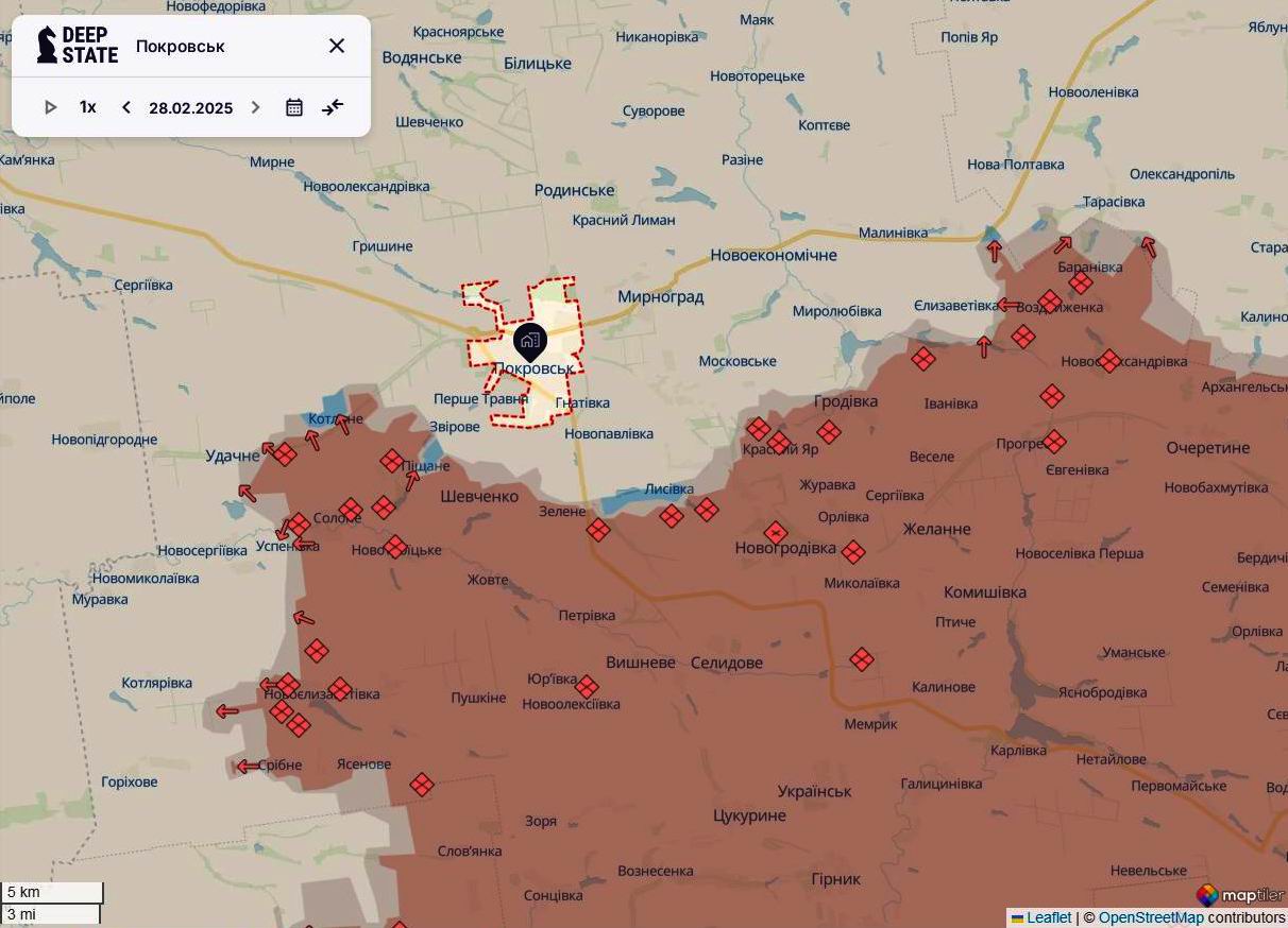 Лінія фронту в районі Покровська станом на 28 лютого / DeepStateMAP