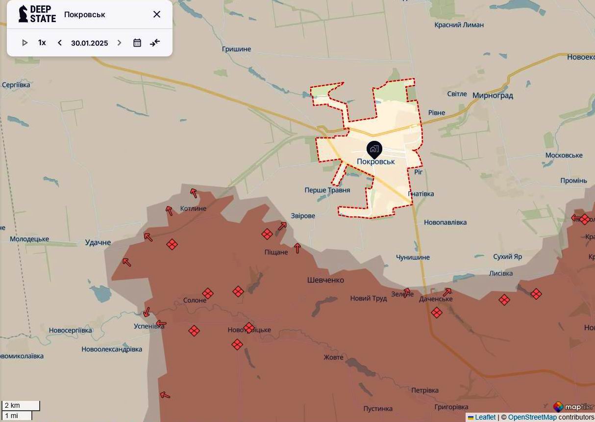 Лінія фронту в районі Покровська станом на 30 січня / DeepStateMAP