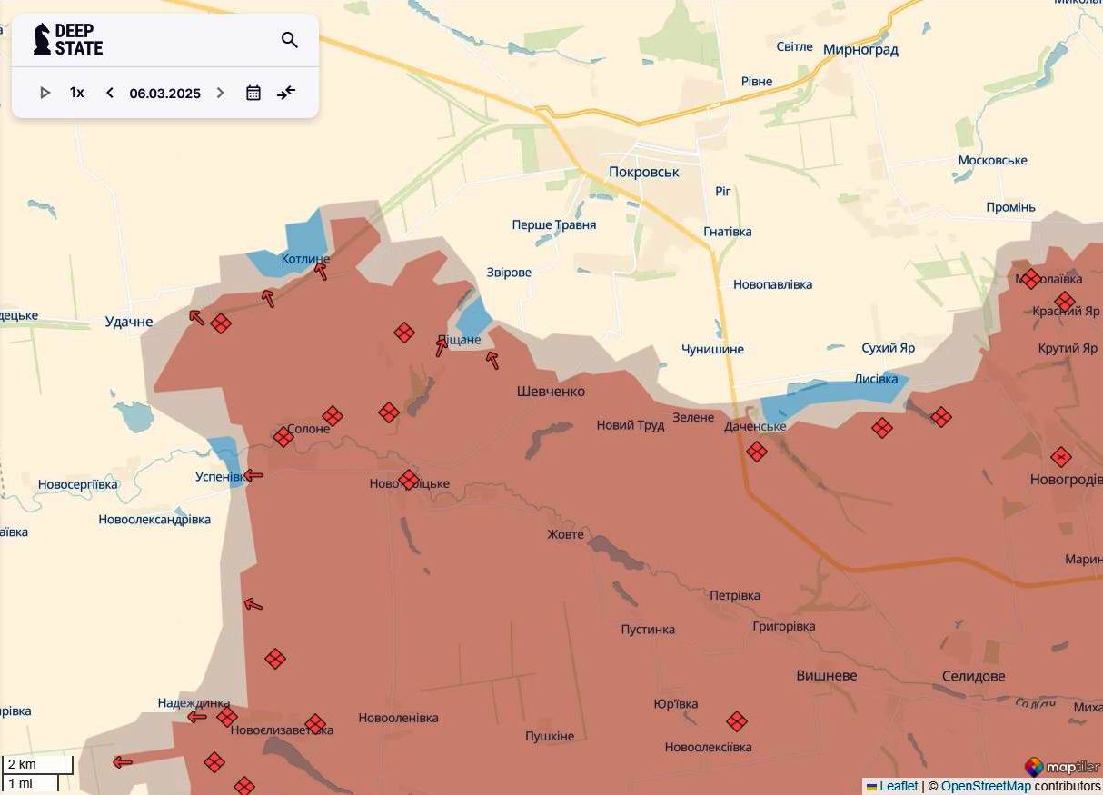 Лінія фронту в районі Покровська станом на 6 березня / DeepStateMAP