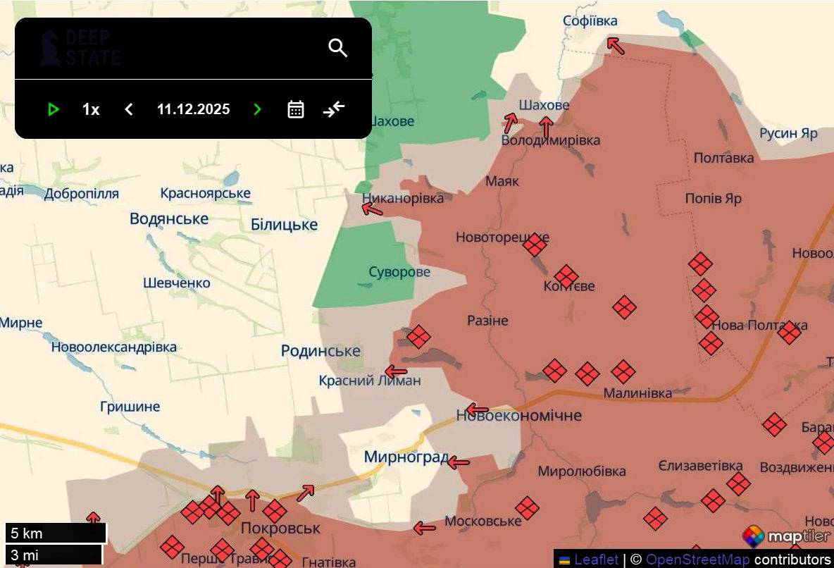 Лінія фронту на півночі покровського напрямку станом на 11 грудня / DeepStateMAP