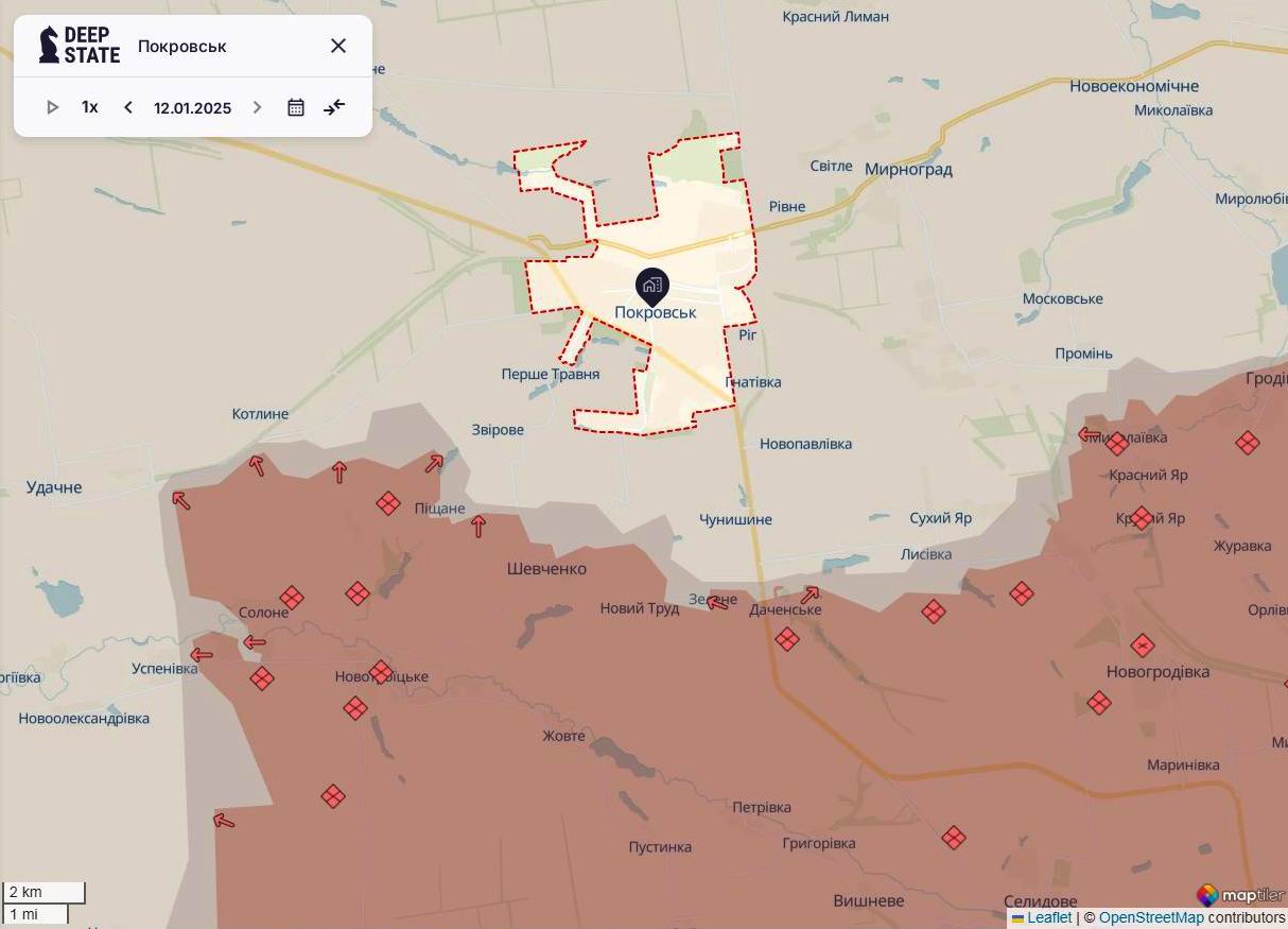 Лінія фронту в районі Покровська станом на 12 січня / DeepStateMAP