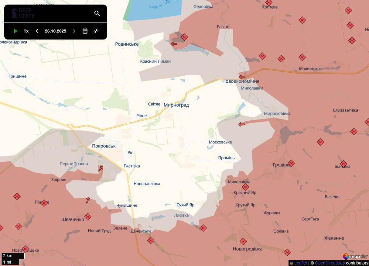 Линия фронта в районе Покровска по состоянию на 26 октября / DeepStateMAP