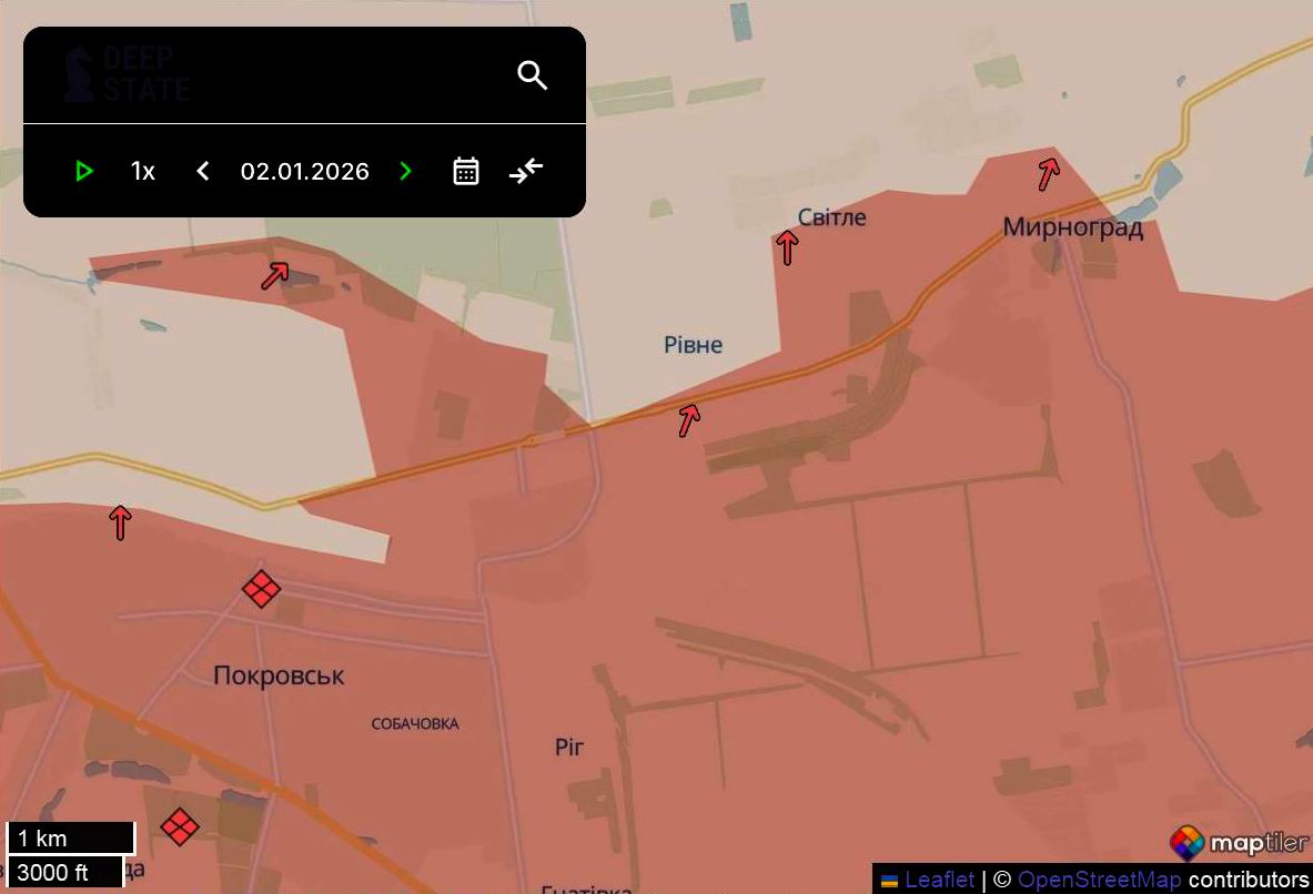 Лінія фронту в районі покровсько-мирноградської агломерації станом на 2 січня/DeepStateMAP