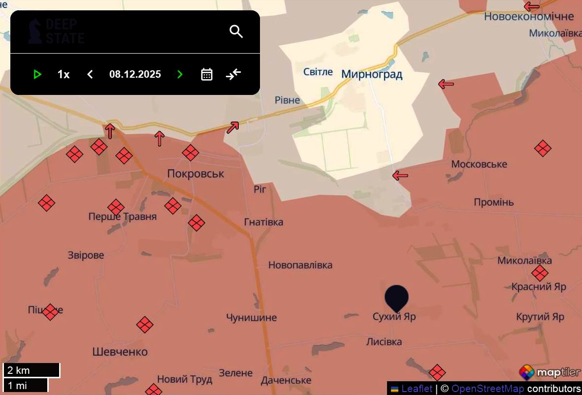 Лінія фронту в районі Покровська станом на 8 грудня / DeepStateMAP Лінія фронту в районі Покровська станом на 8 грудня / DeepStateMAP