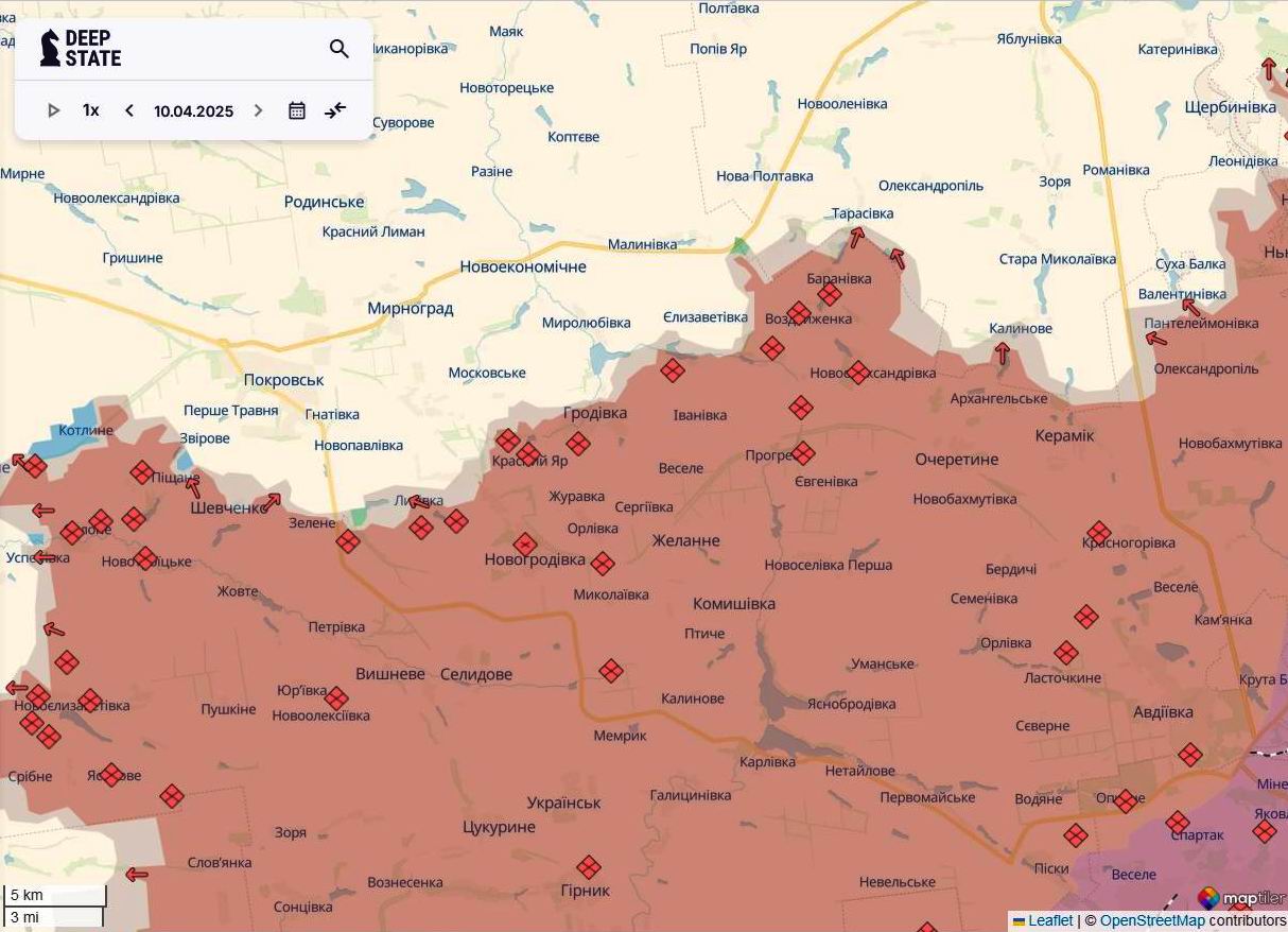 Линия фронта на покровском направлении на 10 апреля/DeepStateMAP