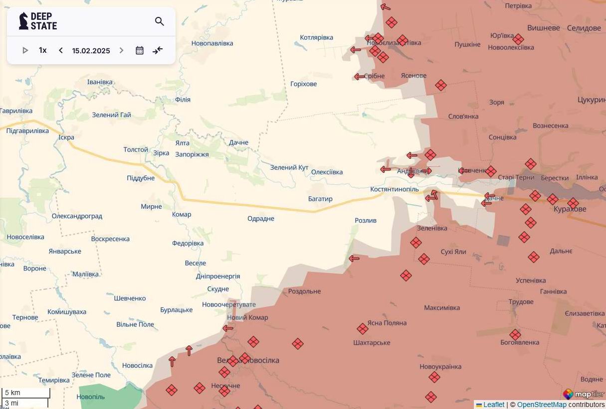 Линия фронта на юге Донецкой области по состоянию на 15 февраля/DeepStateMAP Линия фронта на юге Донецкой области по состоянию на 15 февраля/DeepStateMAP