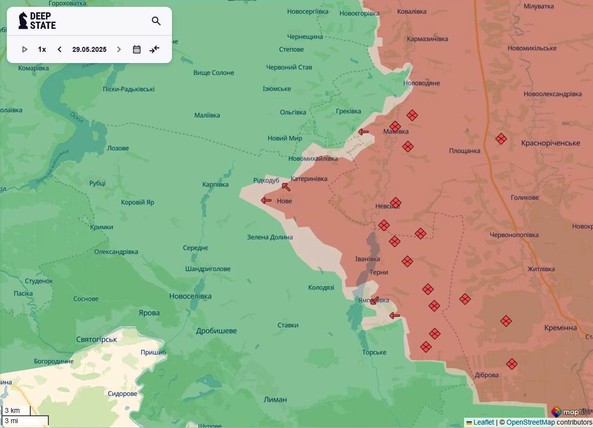 Лінія фронту на лиманському напрямку станом на 29 травня/DeepStateMAP Лінія фронту на лиманському напрямку станом на 29 травня/DeepStateMAP