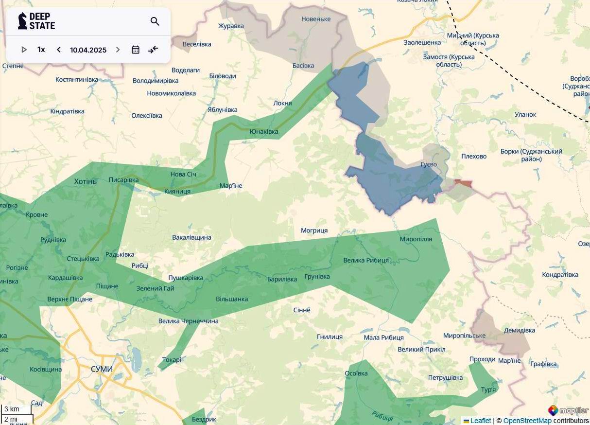 Линия фронта в Сумской области по состоянию на 10 апреля/DeepStateMAP Линия фронта в Сумской области по состоянию на 10 апреля/DeepStateMAP