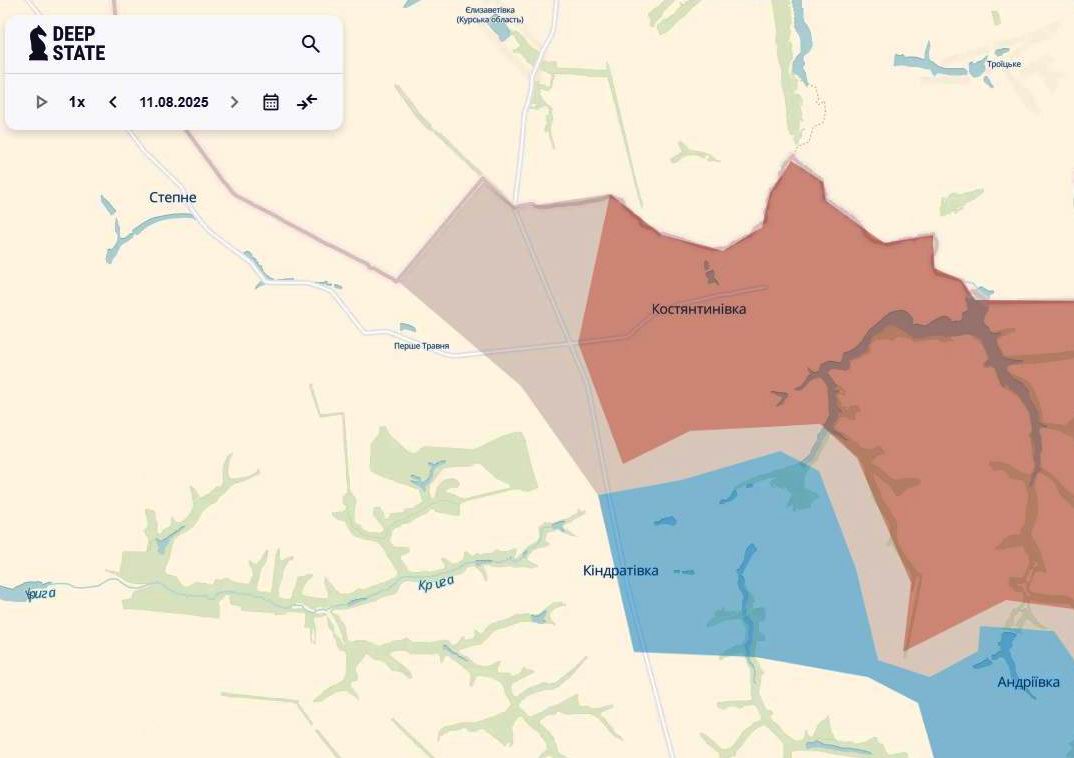 Лінія фронту на півночі Сумської області станом на 11 серпня / DeepStateMAP