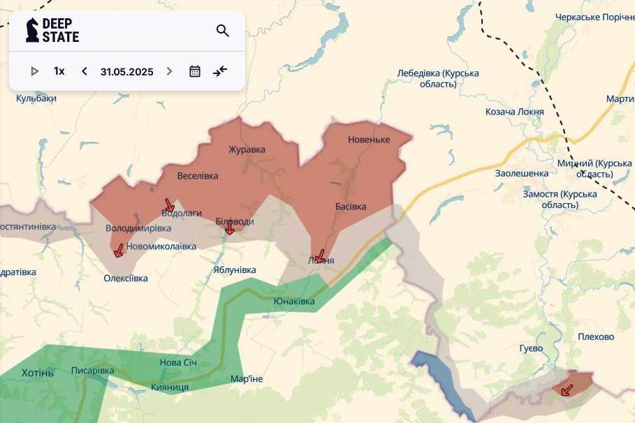 Лінія фронту на півночі Сумської області станом на 31 травня / DeepStateMAP Лінія фронту на півночі Сумської області станом на 31 травня / DeepStateMAP