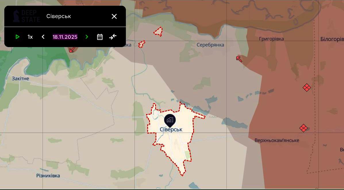 Лінія фронту в районі Сіверська станом на 18 листопада/DeepStateMAP Лінія фронту в районі Сіверська станом на 18 листопада/DeepStateMAP