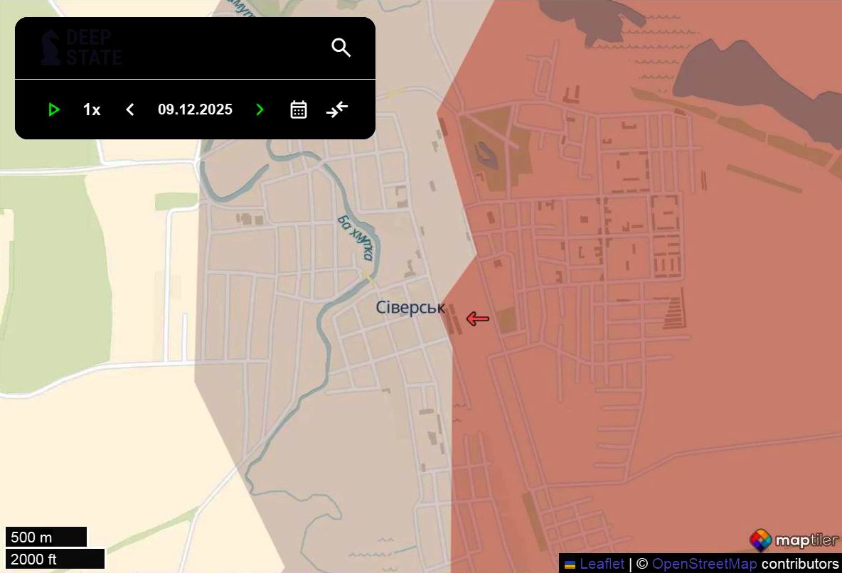 Лінія фронту в районі Сіверська станом на 9 грудня / DeepStateMAP