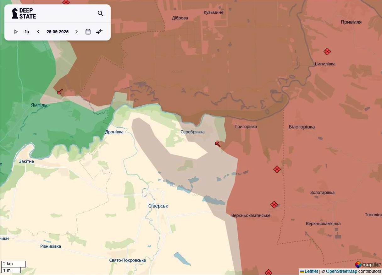 Лінія фронту на сіверському напрямку станом на 29 вересня/DeepStateMAP