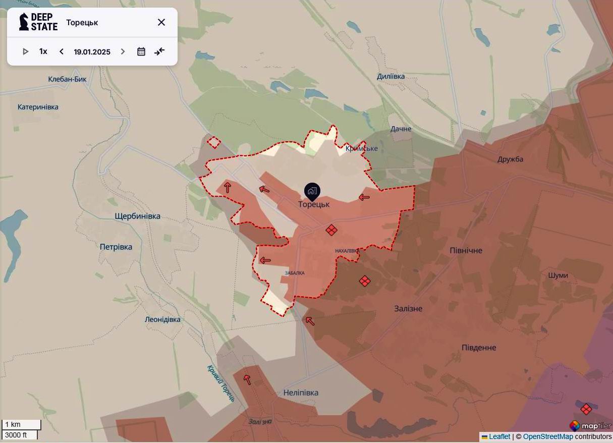 Лінія фронту в районі Торецька станом на 19 січня / DeepStateMAP