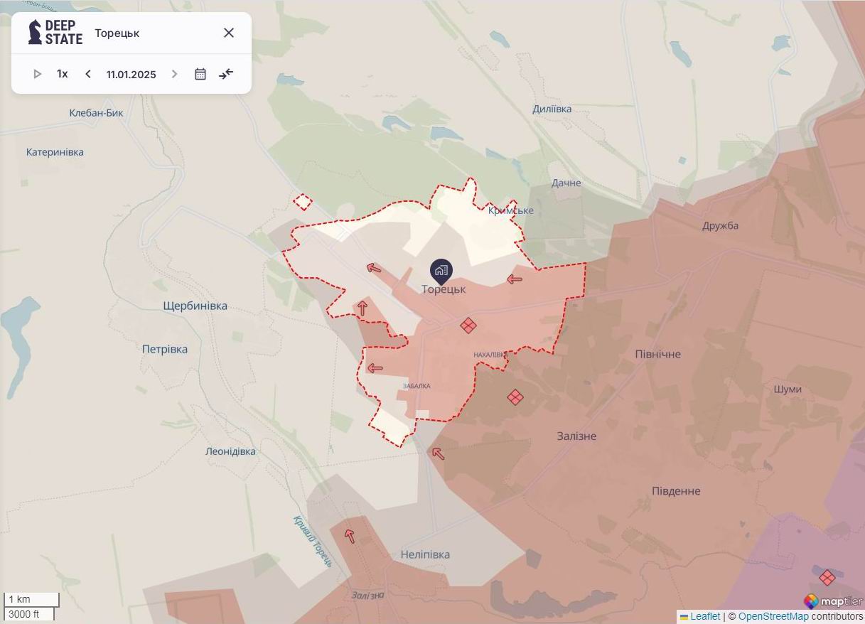 Лінія фронту в районі Торецька станом на 11 січня / DeepStateMAP Лінія фронту в районі Торецька станом на 11 січня / DeepStateMAP