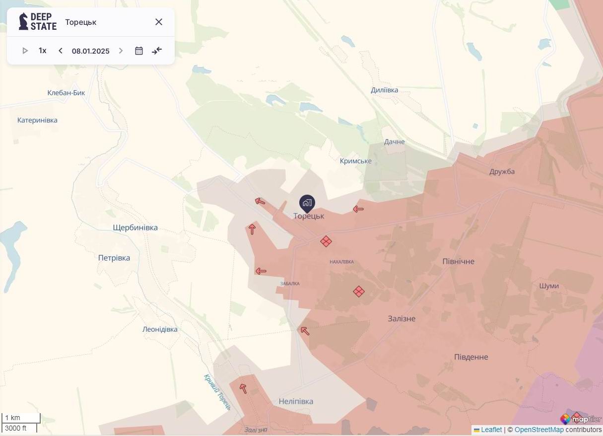 Лінія фронту в районі Торецька станом на 8 січня / DeepStateMAP