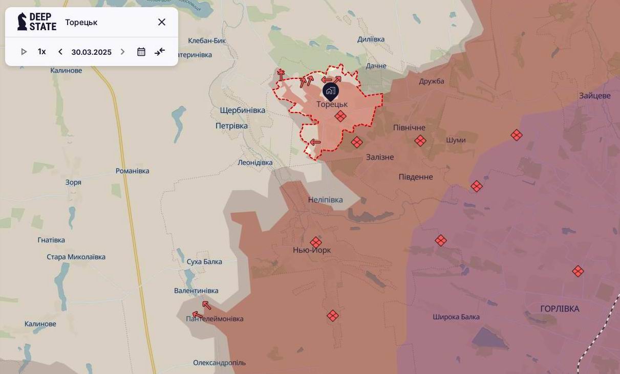 Лінія фронту на торецькому напрямку станом на 30 березня / DeepStateMAP