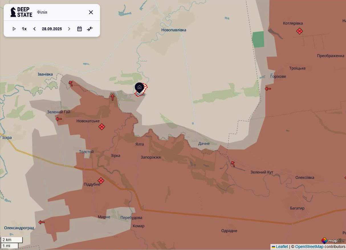 Лінія фронту в районі села Філія станом на 28 вересня / DeepStateMAP