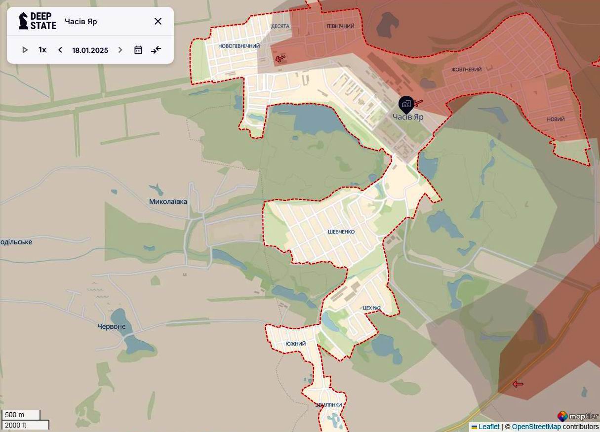 Лінія фронту у Часовому Ярі станом на 18 січня / DeepStateMAP