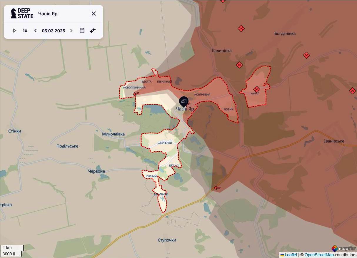 Линия фронта в районе города Часов Яр по состоянию на 5 февраля/DeepStateMAP Линия фронта в районе города Часов Яр по состоянию на 5 февраля/DeepStateMAP