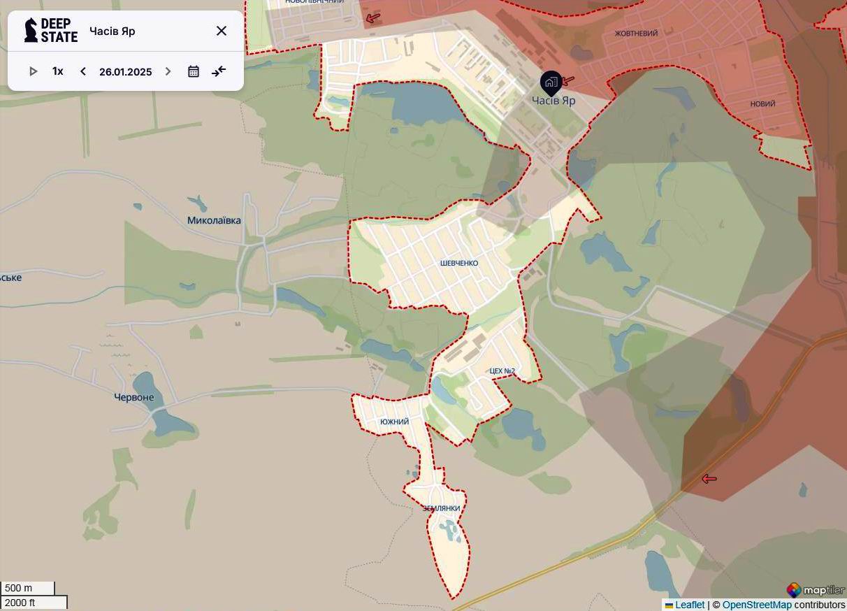 Лінія фронту в Часовому Ярі станом на 26 січня / DeepStateMAP