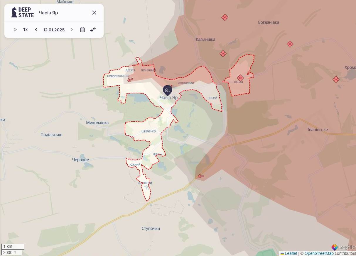 Лінія фронту в районі Часова Яру станом на 12 січня / DeepStateMAP