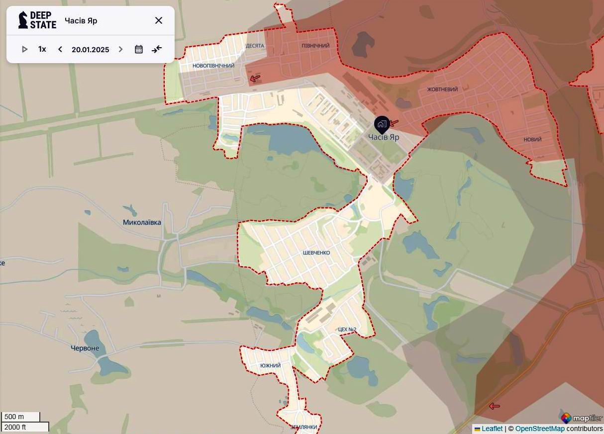 Лінія фронту в районі Часового Яру станом на 20 січня / DeepStateMAP