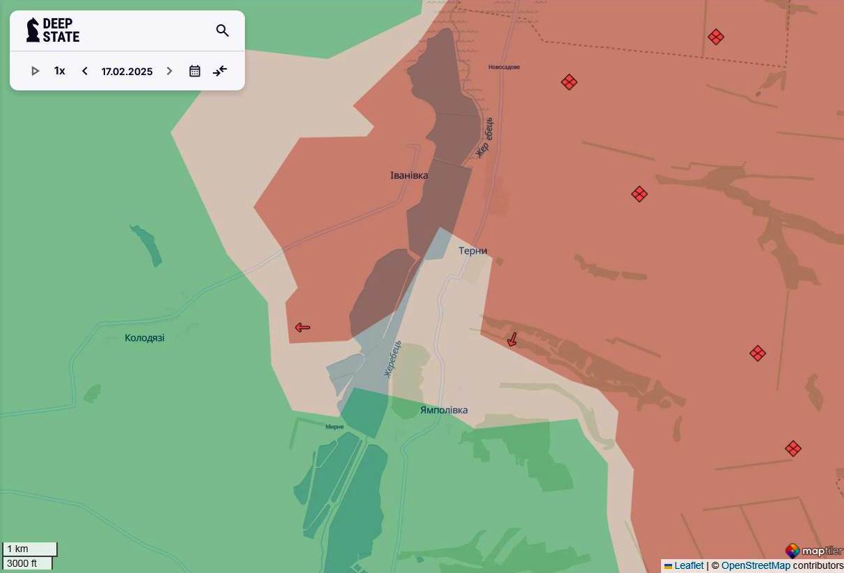 Лінія фронту в районі Тернів та Ямполівки станом на 17 лютого / DeepStateMAP