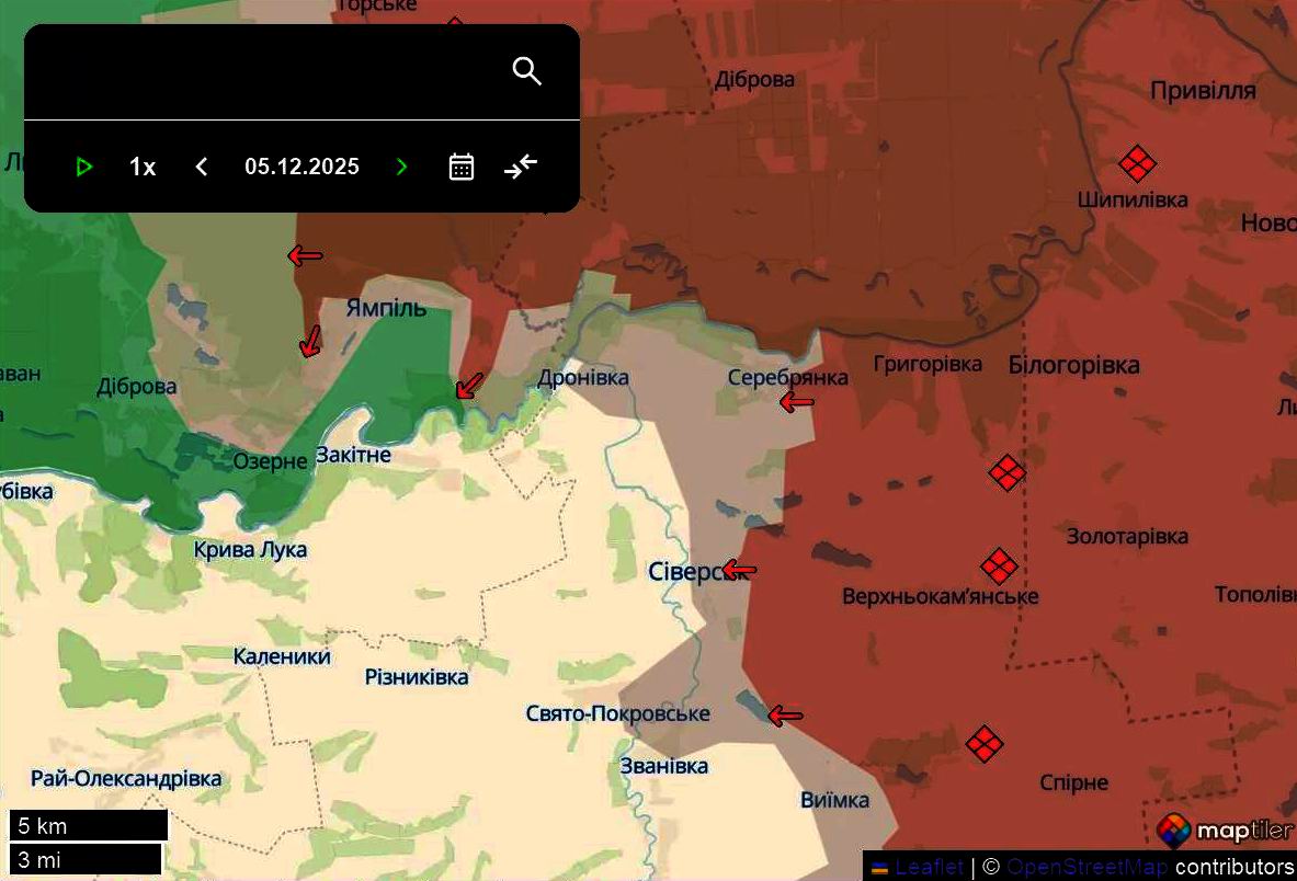 Лінія фронту в районі Сіверська станом на 5 грудня/DeepStateMAP Лінія фронту в районі Сіверська станом на 5 грудня/DeepStateMAP