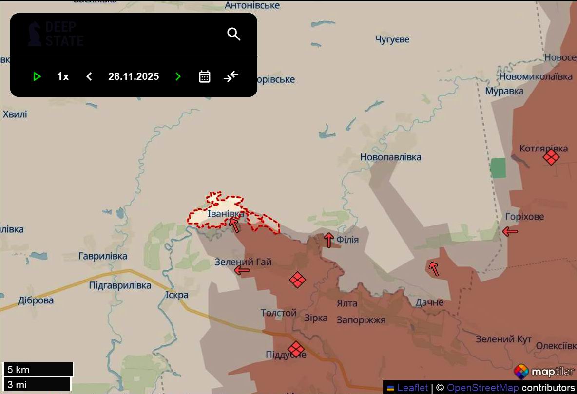 Лінія фронту в районі Іванівки станом на 28 листопада / DeepStateMAP Лінія фронту в районі Іванівки станом на 28 листопада / DeepStateMAP