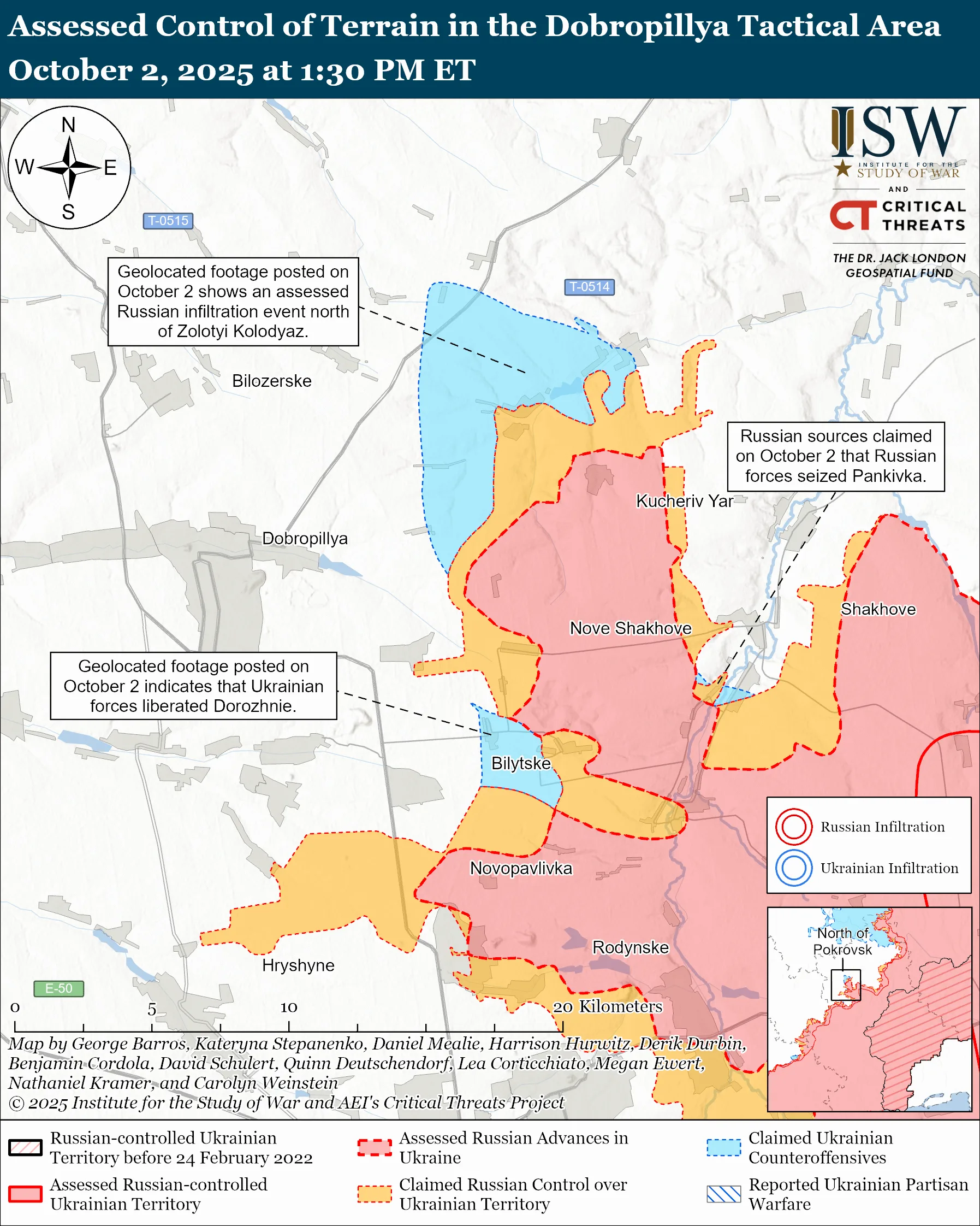 Лінія фронту в районі Добропілля станом на 2 жовтня / ISW