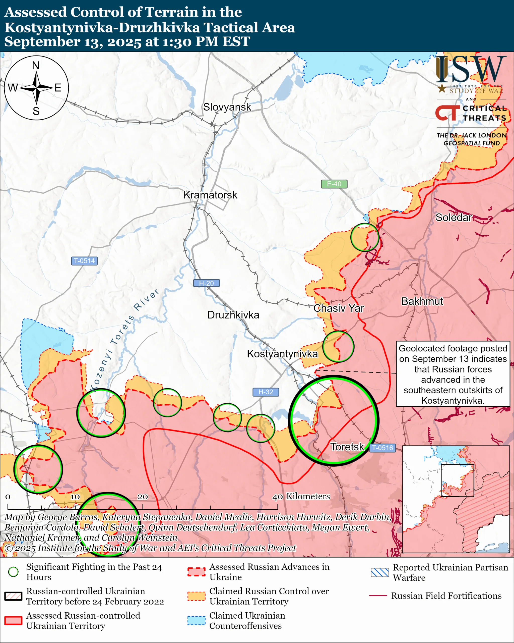 Лінія фронту в районі Костянтинівка-Дружківка станом на 13 вересня / ISW Лінія фронту в районі Костянтинівка-Дружківка станом на 13 вересня / ISW