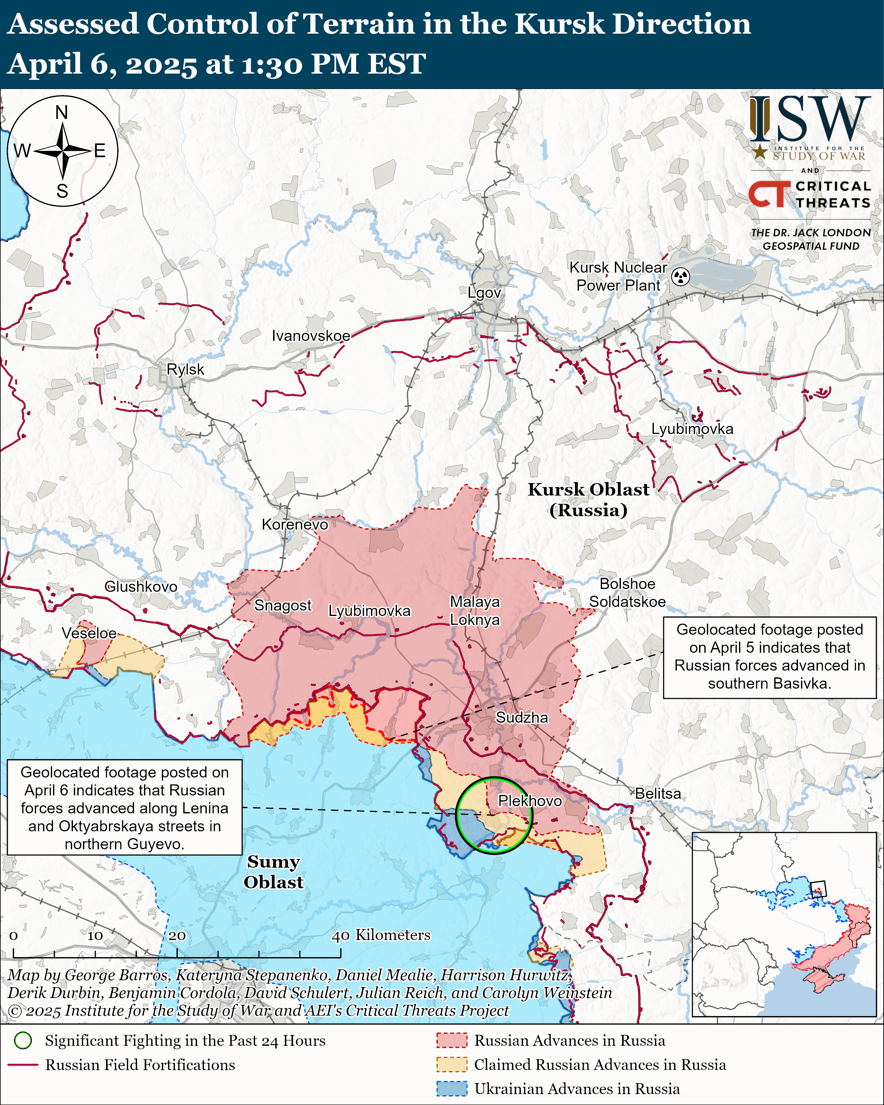 Линия фронта на курском направлении по состоянию на 6 апреля/ISW