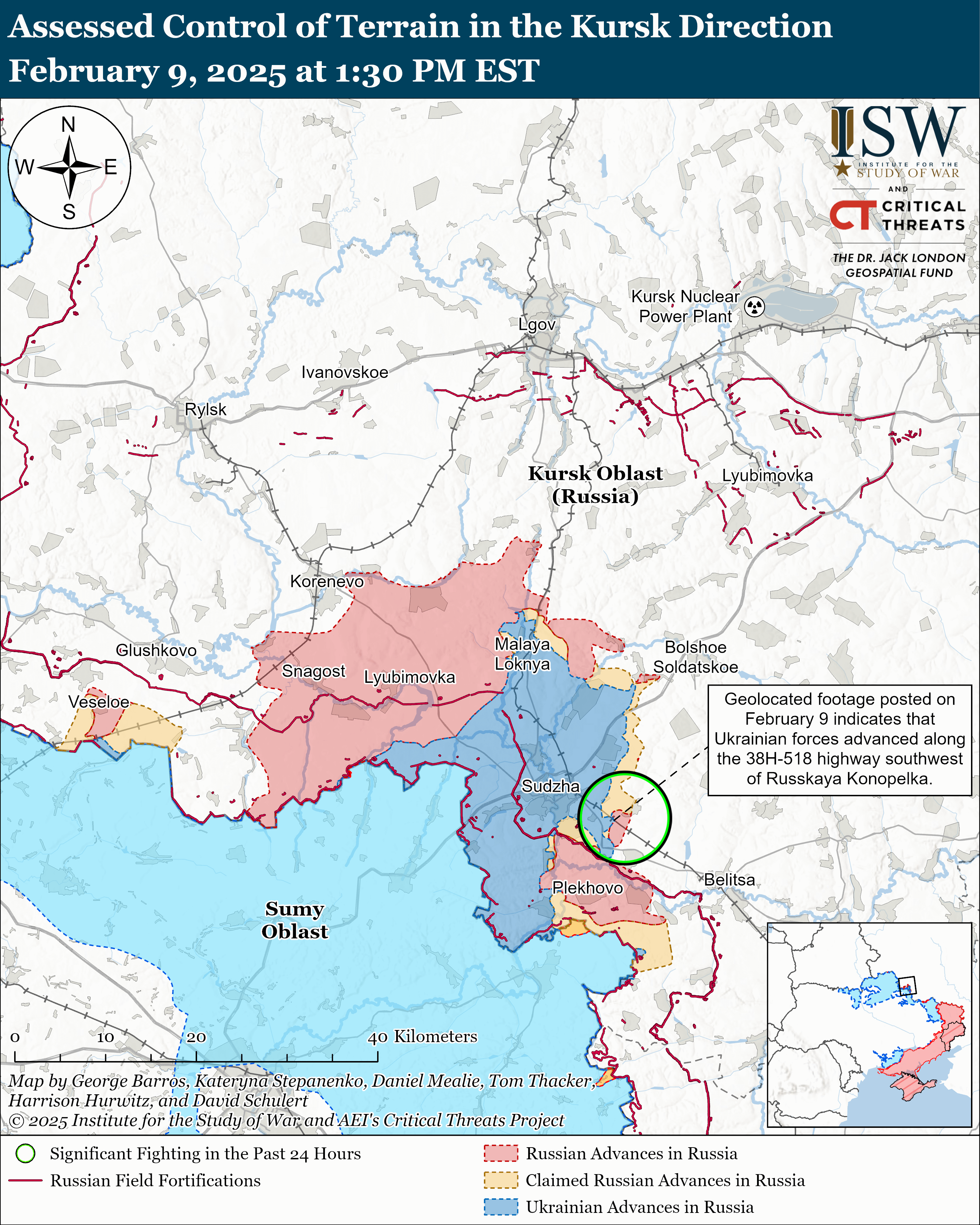 Лінія фронту у Курській області РФ станом на 9 лютого / ISW