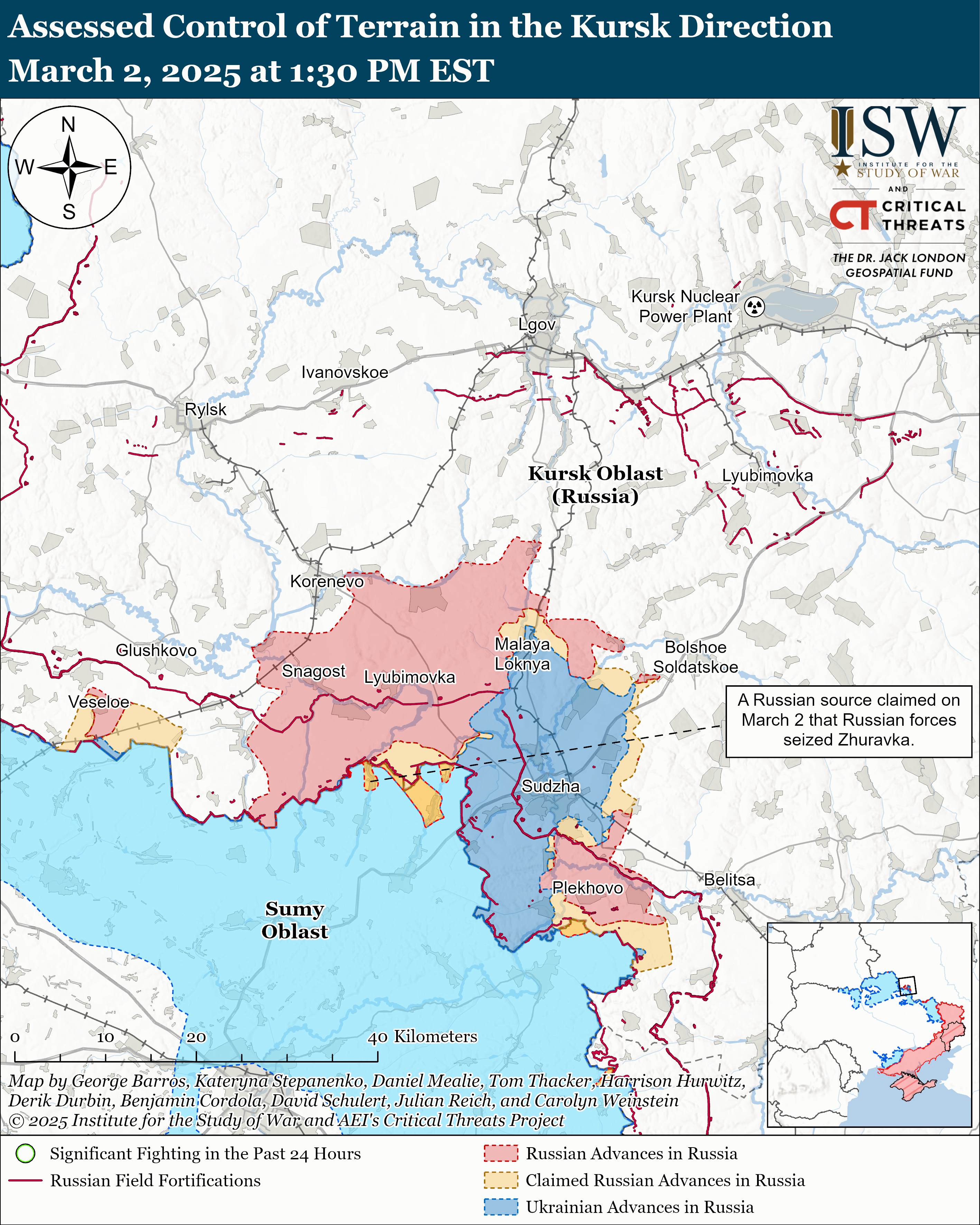 Лінія фронту в Курській області РФ станом на 2 березня / ISW