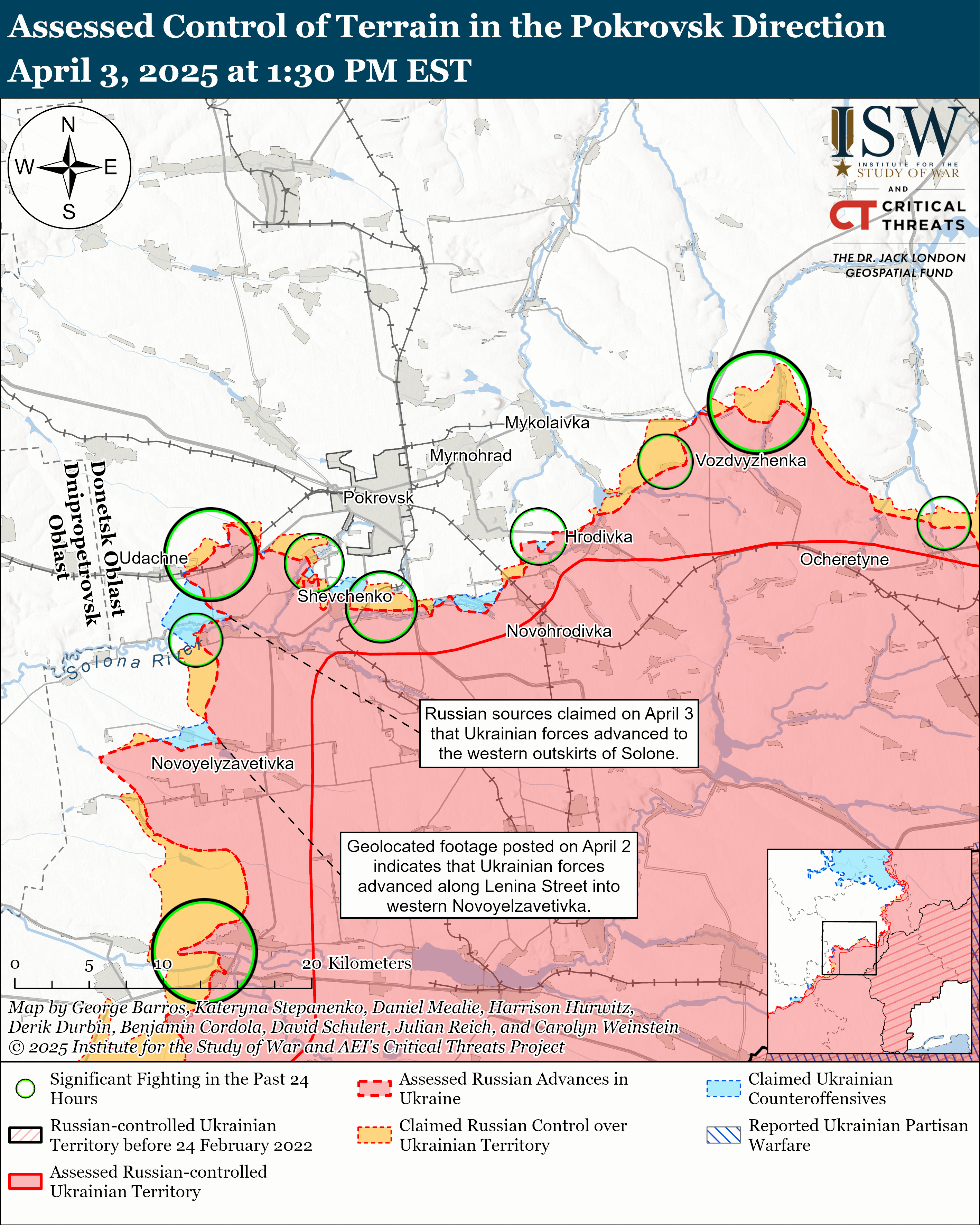 Лінія фронту на покровському напрямку станом на 3 квітня / ISW
