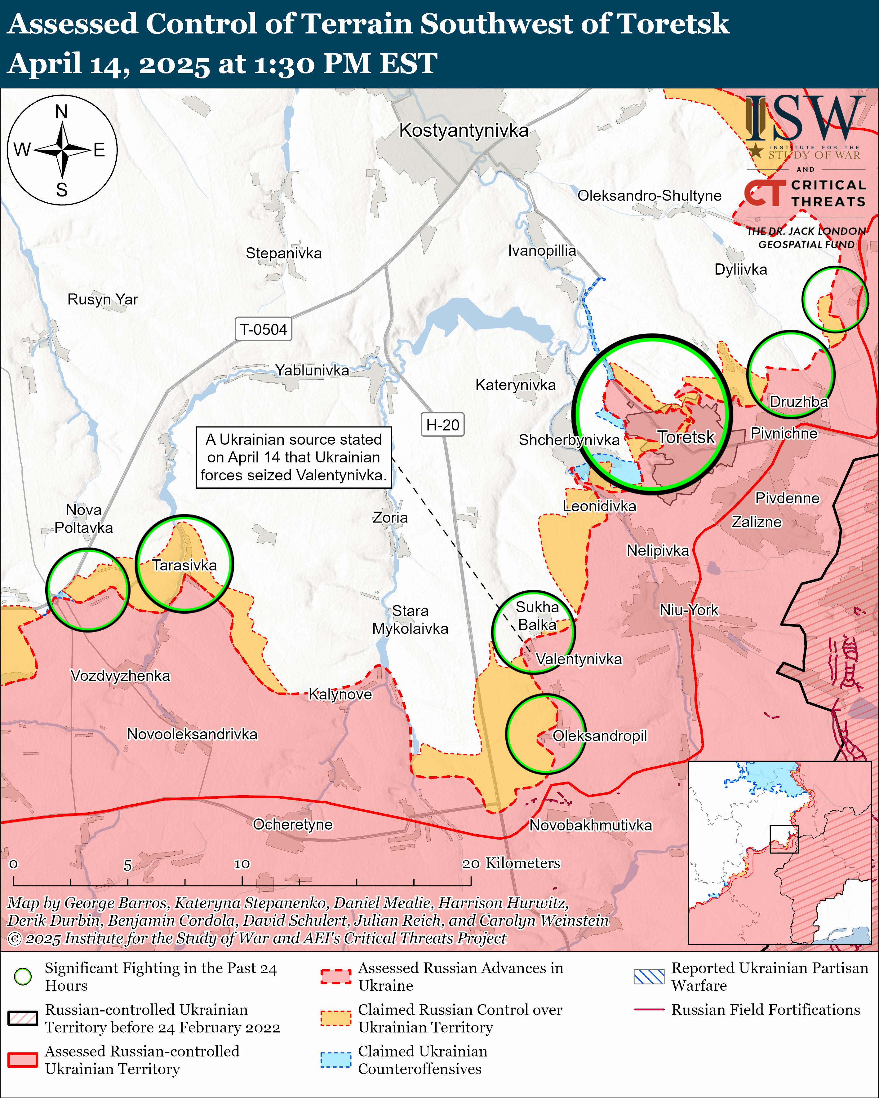 Линия фронта в районе Торецкая по состоянию на 14 апреля/ISW