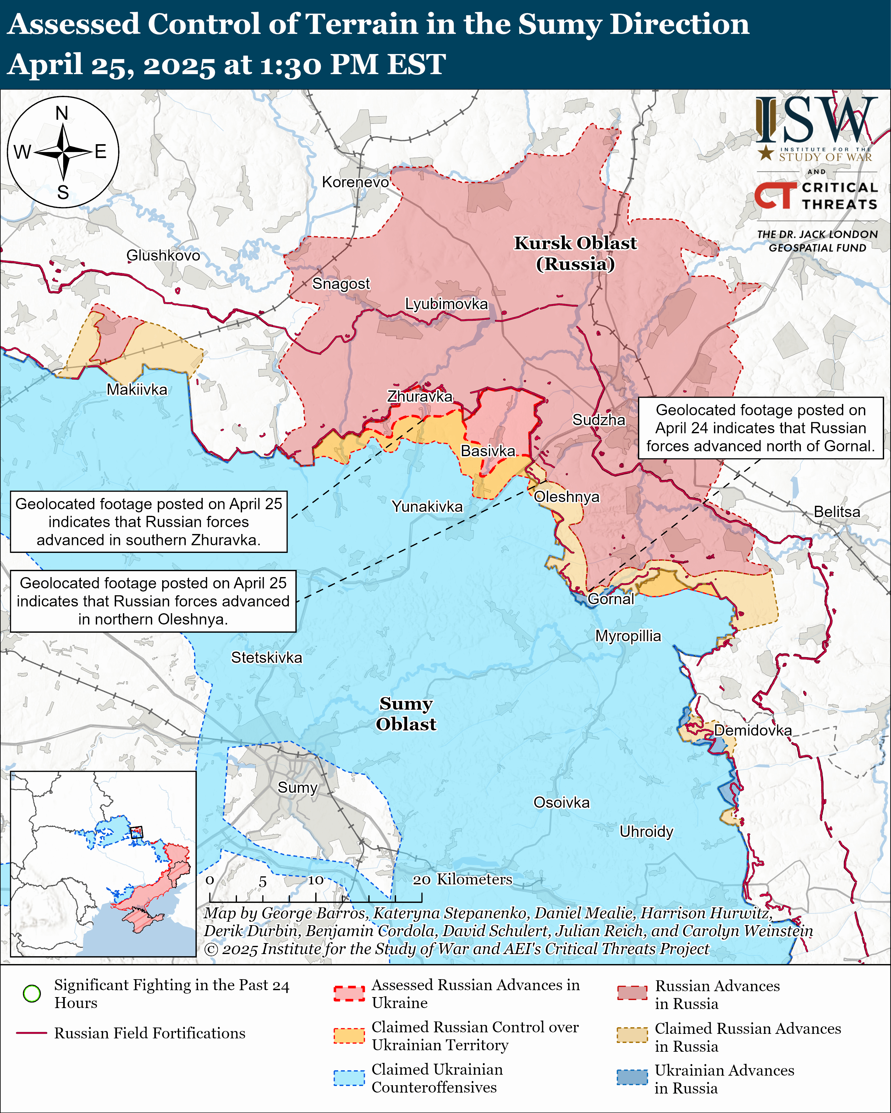 Лінія фронту в районі міста Суми станом на 25 квітня / ISW Лінія фронту в районі міста Суми станом на 25 квітня / ISW