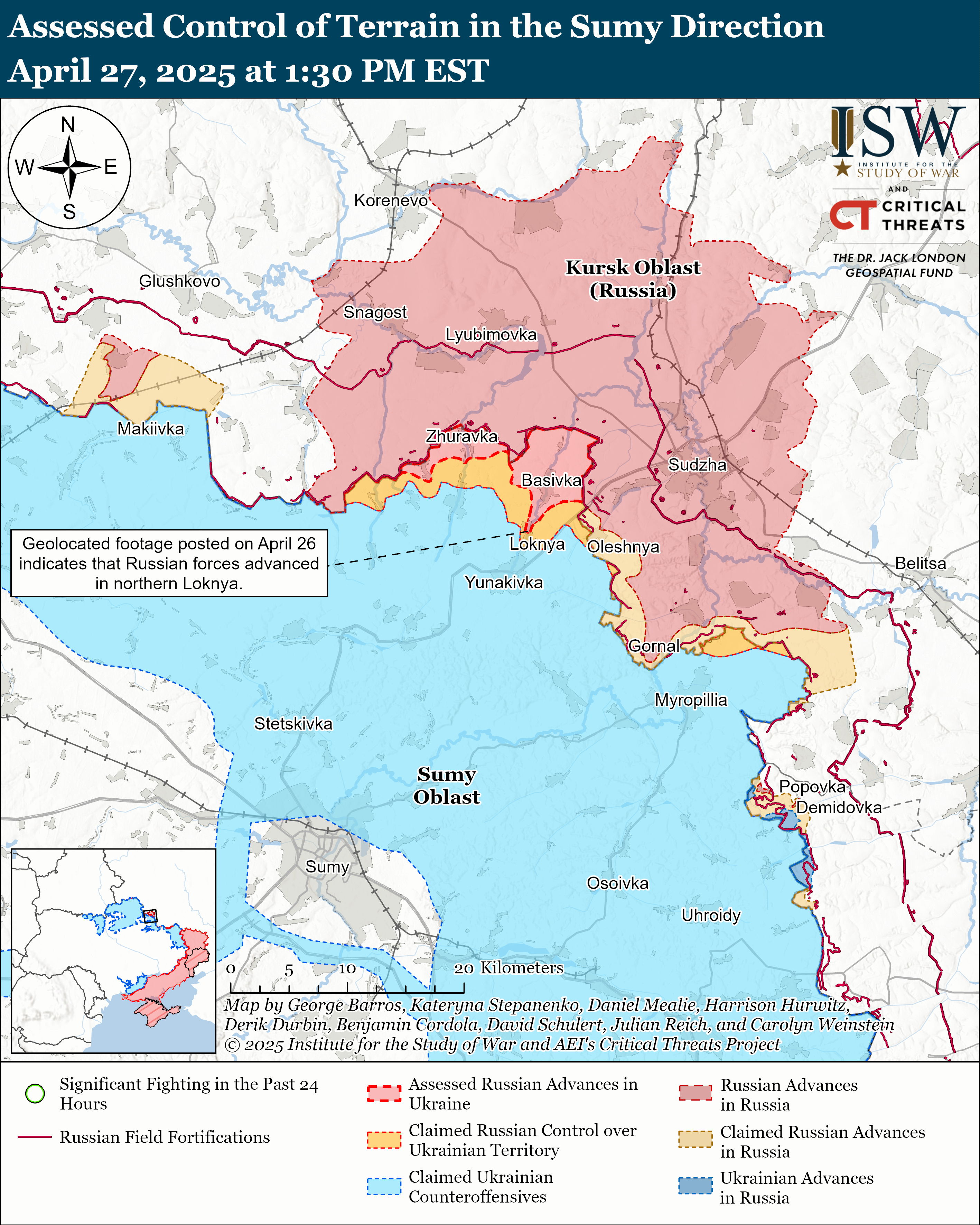 Лінія фронту на межі Сумської і Курської областей станом на 27 квітня / ISW