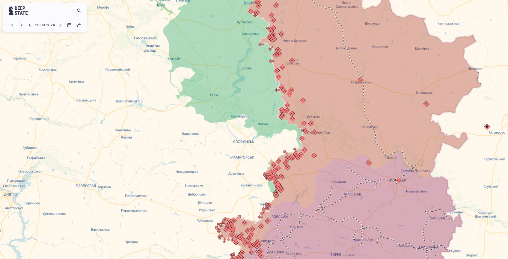 Орієнтовна карта бойових дій станом на 26 серпня о 23:15 / DeepStateMAP Орієнтовна карта бойових дій станом на 26 серпня о 23:15 / DeepStateMAP