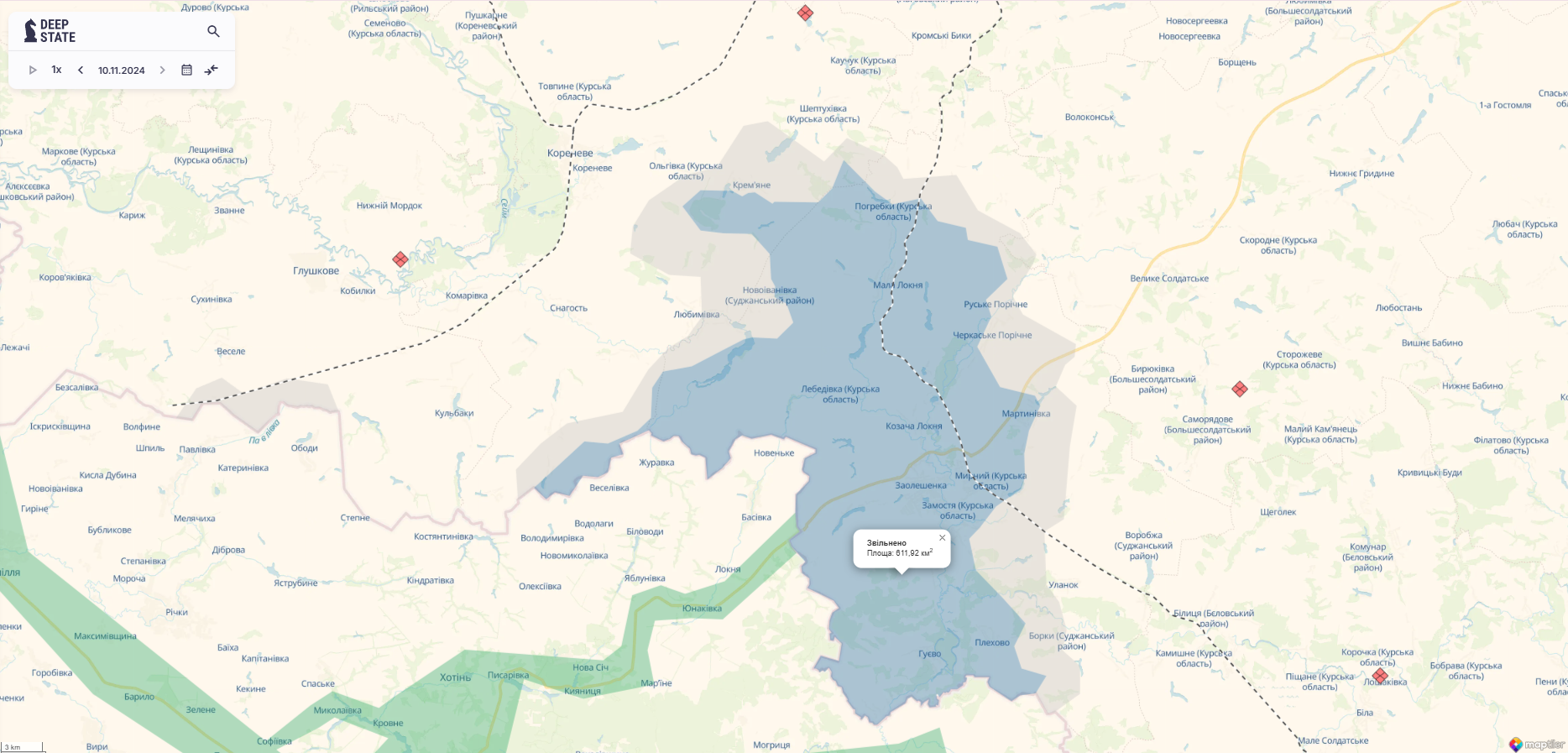 Орієнтовна карта бойових дій у Курській області станом на 10 листопада о 22:41 / DeepStateMAP Орієнтовна карта бойових дій у Курській області станом на 10 листопада о 22:41 / DeepStateMAP