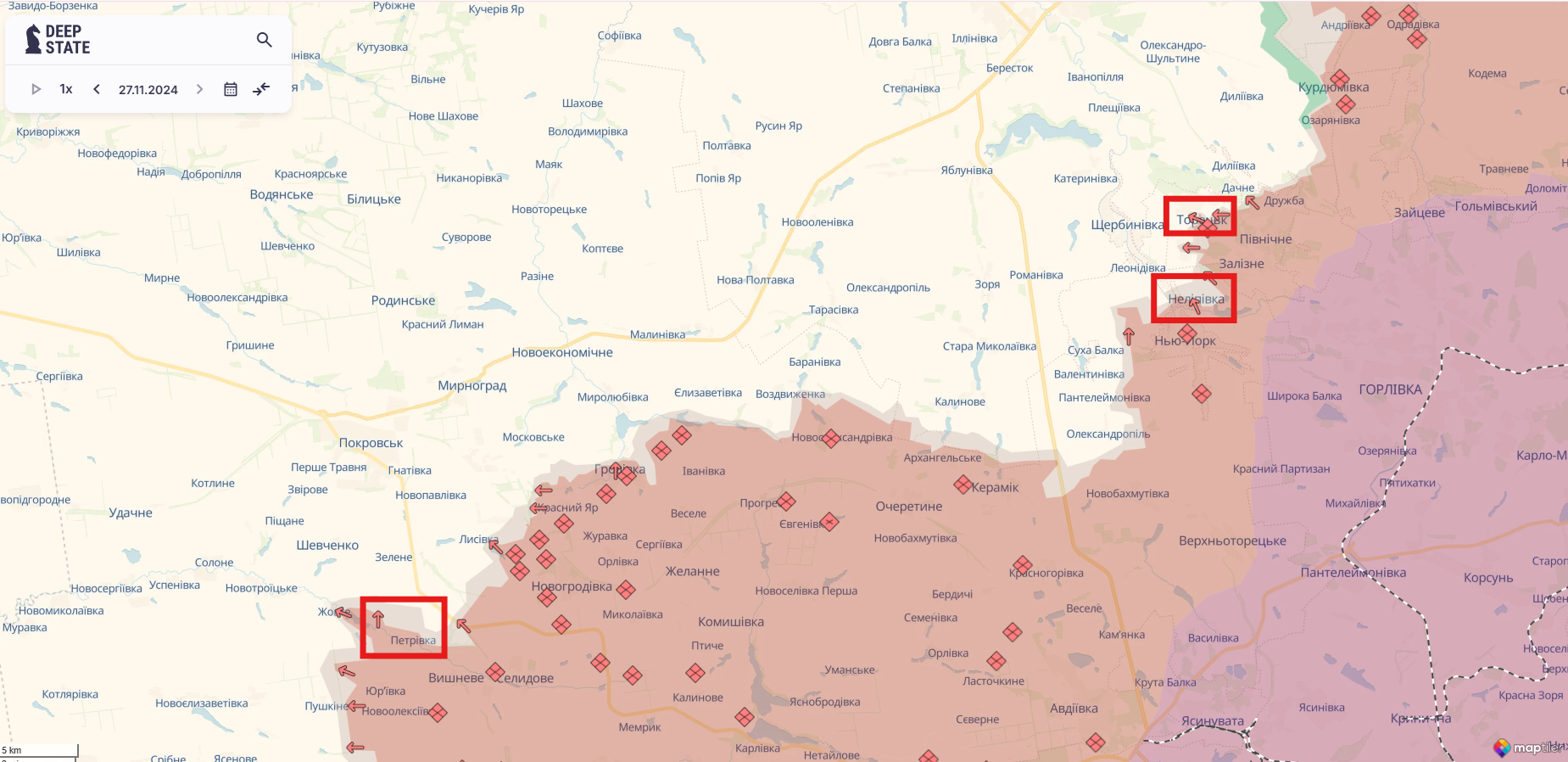 Орієнтовна карта бойових дій станом на 27 листопада о 23:31 / DeepStateMAP