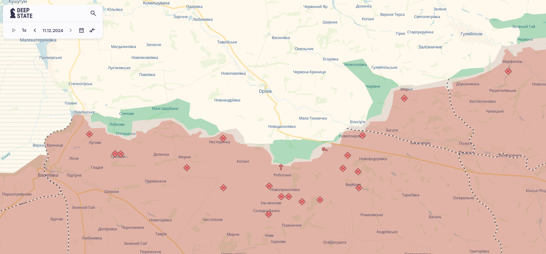 Орієнтовна карта бойових дій станом на 11 грудня об 11:23 / DeepStateMAP