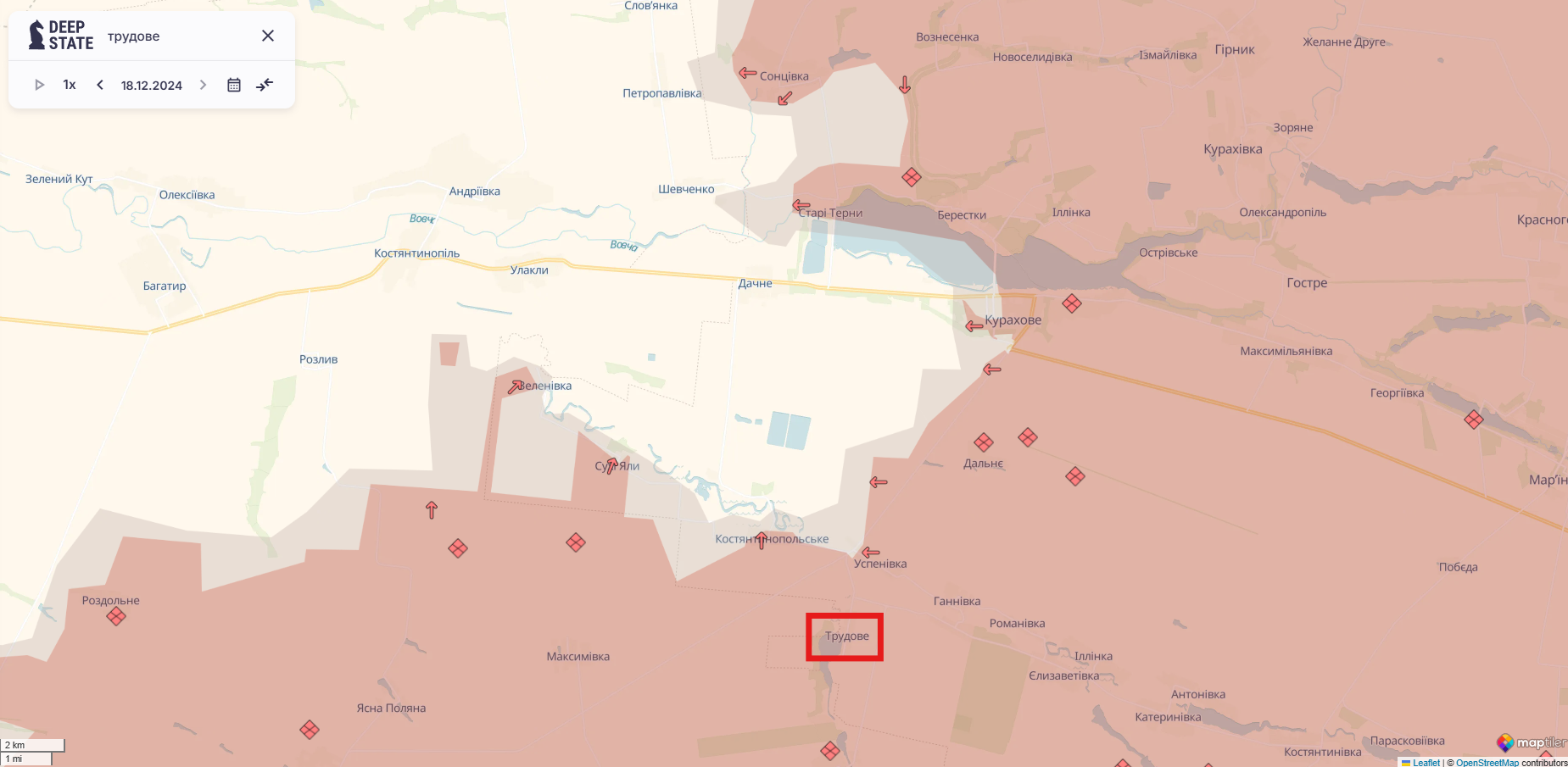 Орієнтовна карта бойових дій станом на 18 грудня о 23:58 / DeepStateMAP