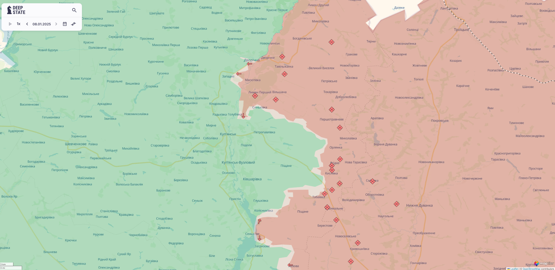 Орієнтовна карта бойових дій станом на 8 січня о 23:47 / DeepStateMAP