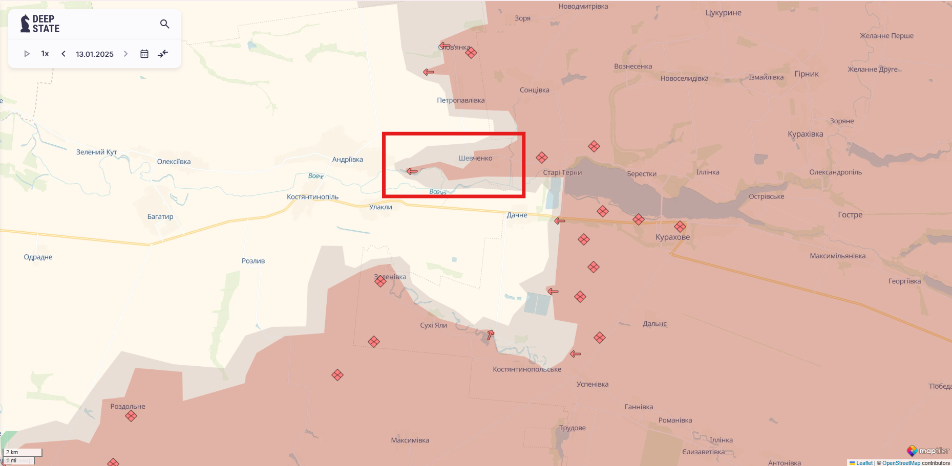 Орієнтовна карта бойових дій станом на 13 січня о 22:44 / DeepStateMAP